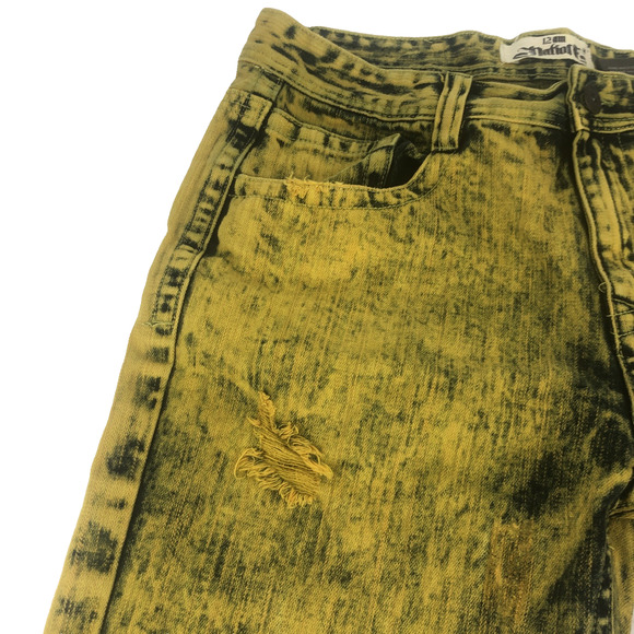 12am Nation Mens Distressed Denim Shorts Size 34 Mustard Yellow Black Acid Wash - Picture 5 of 15